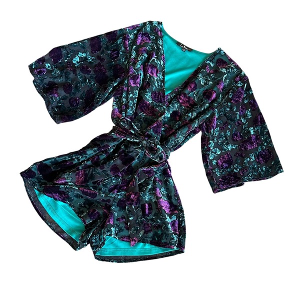 Lulus Romper Women's Small Green Purple Velvet Burnout Floral Kimono Tie Waist - Picture 1 of 12